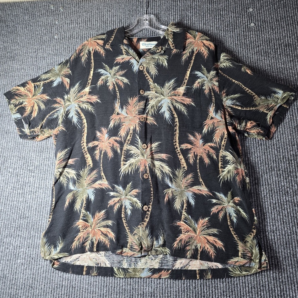 CARIBBEAN HAWAIIAN  Mens  SHIRT WASHABLE Pure  SILK LARGE‎ Palm Trees